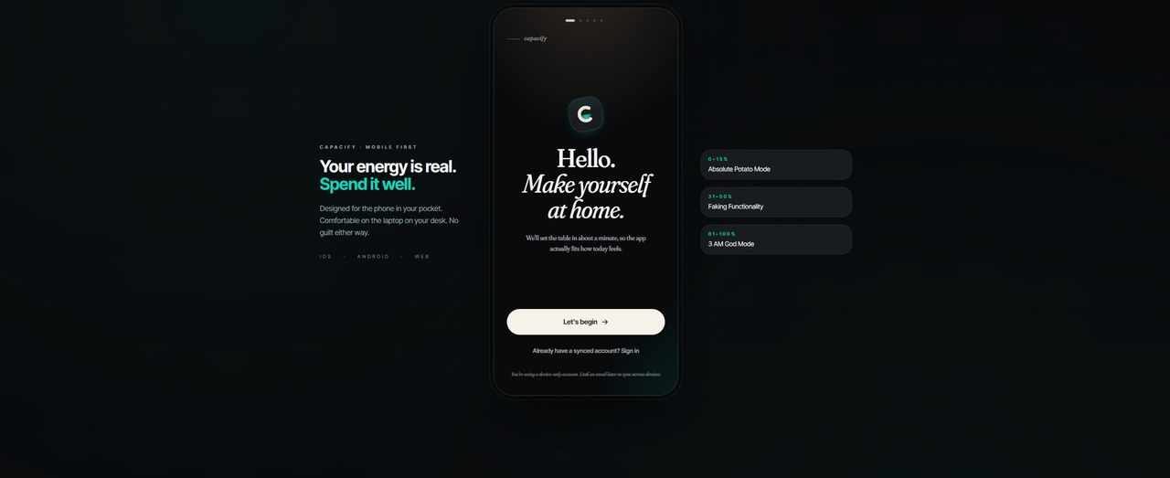 Capacify landing page — Your energy is real, spend it well