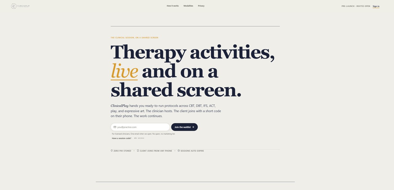 ClinicalPlay landing page — Therapy activities, live and on a shared screen